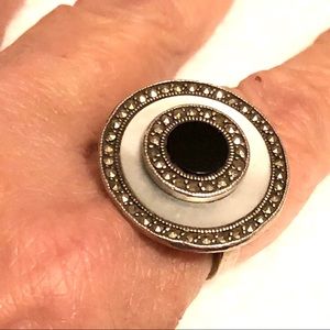 Vintage Solid Sterling Silver mother of pearl Onyx Ring Sz 8.75 Made In Brazil